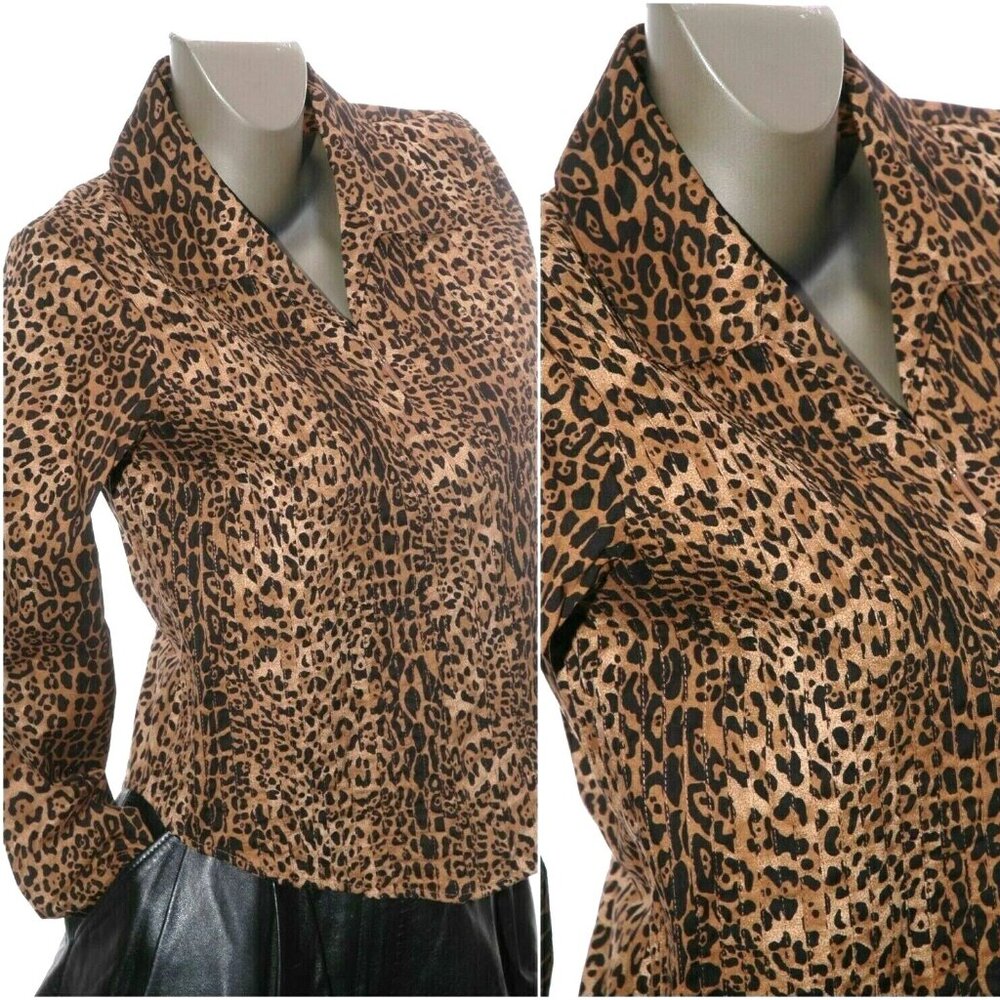 Leopard ZIP Up Blouse Fitted Top Dress Shirt Coldwater Creek Petite NWOT PS